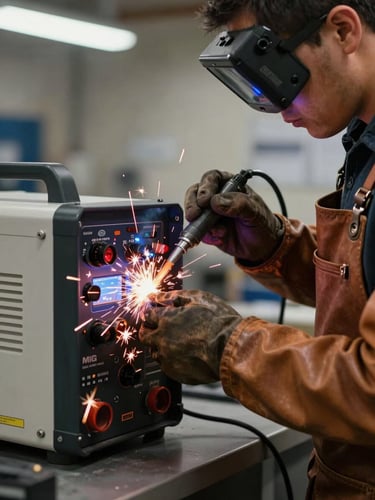 Close-up of a professional technician in a leather apron calibrating a heavy-duty MIG welding power source, high-contrast industrial lighting, safety orange sparks in sharp focus.