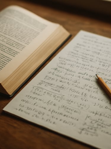 Overhead close-up of an open textbook with densely annotated handwritten notes beside it on a wooden desk, natural window light casting soft shadows, a pencil resting on a solved problem set, shallow depth of field isolating the page detail