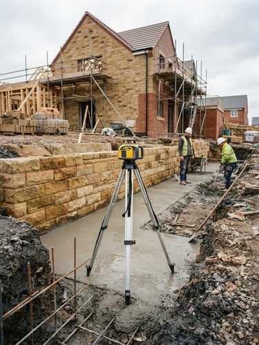 Low-angle wide shot of active excavation on a residential site, laser level set up on fresh concrete, warm sandstone tones, overcast daylight.