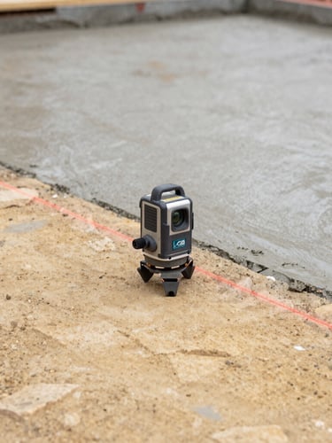 Close-up of a laser level mounted on a tripod casting a red line across a freshly poured concrete foundation, wet cement texture, overcast daylight