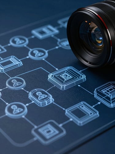 Cool-toned technical wireframe schematic of a digital user flow, sharp vector lines on a dark blue background, macro studio lighting, high contrast.