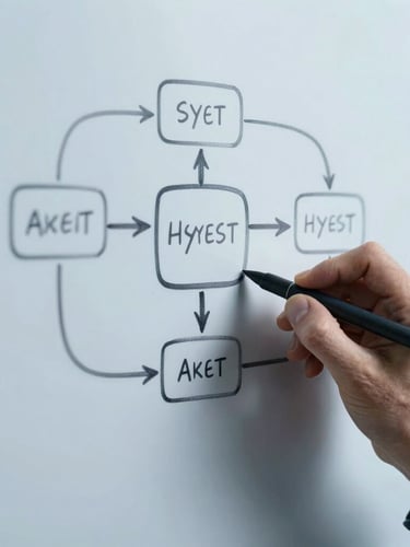 Close-up of hands sketching a simplified system integration diagram on a clean whiteboard, sharp focus, cool studio lighting, slate and blue tones
