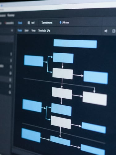Macro close-up of a crisp terminal interface displaying clean system architecture diagrams, cool focused studio light, deep slate and blue tones, 50mm