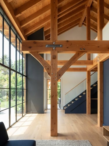 Crisp architectural photography of clean timber framing in a modern residential home addition, bright natural window light flooding the structural elements, straight-on craftsmanship detail.