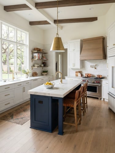 Crisp architectural photography of a bright, newly remodeled luxury kitchen in Fort Worth, showing quartz countertops and clean white cabinetry under natural window light