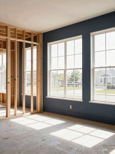 Crisp architectural photography of an active DFW home renovation, clean wood framing and drywall visible, bright natural daylight flooding through wide windows, high-contrast shadows