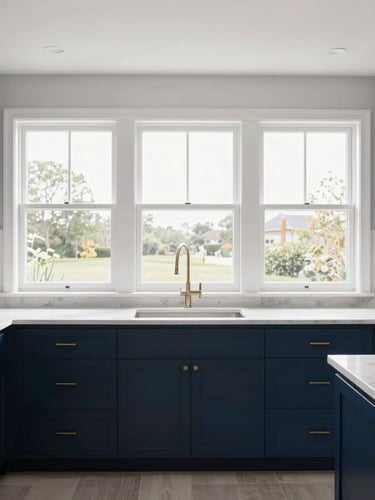 Bright, natural daylight flooding through newly renovated windows in a clean modern kitchen with navy blue lower cabinets and white quartz countertops, showing straight-on detail of craftsmanship.