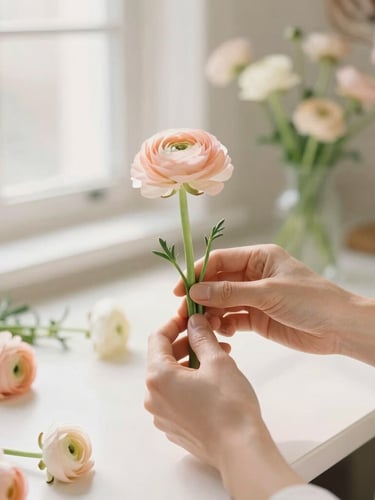 Bespoke florist hands gently trimming delicate peach ranunculus stems in a bright, sun-drenched home studio, soft morning light, 35mm photography