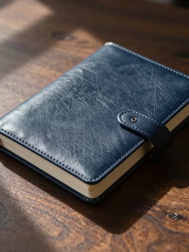 Close-up of a physical leather ledger book resting on a dark wood table, hard side daylight casting long shadows, desaturated tones