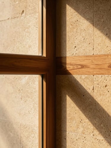 Close-up of raw teak wood joinery and textured laterite stone blocks, warm afternoon sun casting sharp shadows, architectural detail shot.