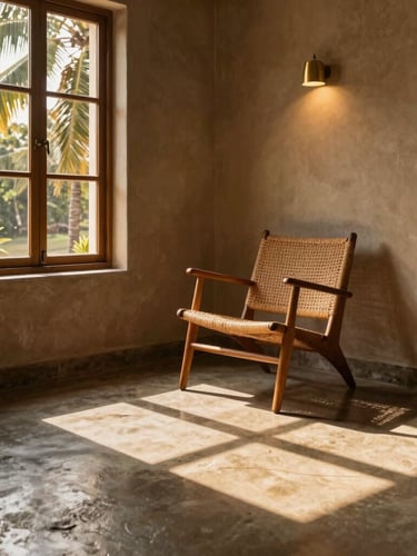 Vignette of a finished interior corner in Goa, polished cement floor, custom brass light fixture, hand-woven cane chair, dramatic shadow play.