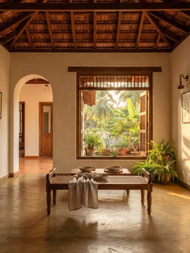 Architectural straight-on view of a Goan interior, raw teak wood beams, polished cement floor, golden-hour window light casting deep shadows, warm tropical minimalism.