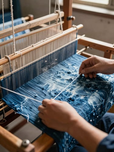 Close-up of a weaver's hands threading indigo-dyed cotton on a wooden loom in a small workshop, natural north-facing daylight falling across the textile, dust motes visible in the air