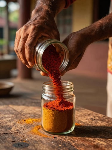Wide shot of weathered hands pouring freshly stone-ground spice into a glass jar on a rough wooden surface in a Kerala home, golden afternoon light, deep red and ochre powder visible, no faces
