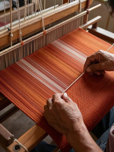 Close-up of a craftsman's hands weaving a richly dyed textile on a wooden loom, natural north-facing daylight falling across the threads, warm ochre and rust tones visible in the fabric, left-frame composition with workspace edge visible