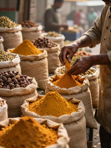 Wide environmental shot of a spice market stall in golden hour light, burlap sacks of turmeric and cardamom in the foreground, a maker's weathered hands scooping spice into a paper bag, right-frame composition, warm amber tones