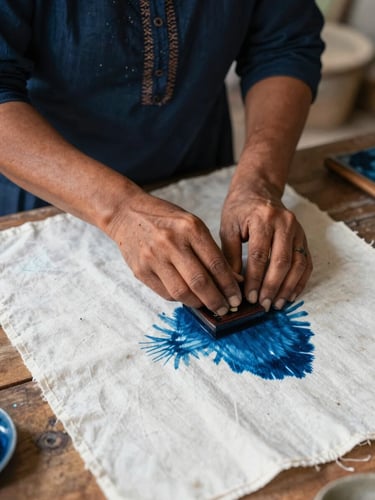Close portrait of a woman's hands block-printing indigo dye onto cotton cloth on a wooden table in her Bagru workshop, natural daylight, fabric grain visible, ink pooling at the edges of the stamp