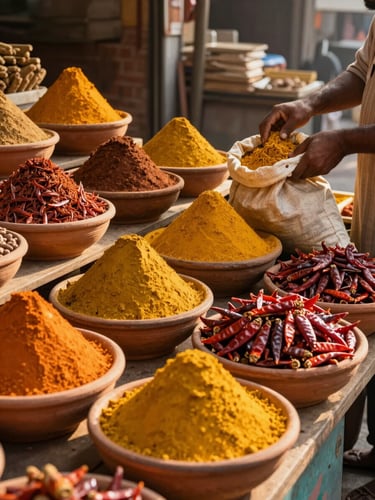 Wide shot of a spice market stall in golden afternoon light, terracotta bowls of turmeric and dried chili arranged on a wooden counter, a maker's hands scooping product into a cloth bag, no customers visible