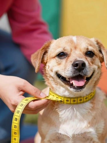 Close-up of hands measuring a happy small dog with a soft yellow tape measure, bright natural daylight, colorful fabrics in the background