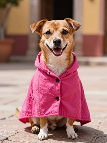 A happy small dog wearing a vibrant pink handmade poncho, sitting comfortably in a sunlit Mexican courtyard, warm natural light, shallow depth of field, 35mm