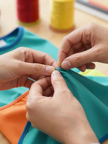 Close-up of hands carefully stitching a colorful teal fabric for a pet garment in a bright, warm workshop, soft daylight, detailed textures, 35mm