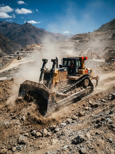 Tractor de oruga pesado operando en movimiento de tierras en obra civil peruana, luz solar de mediodía, polvo en suspensión