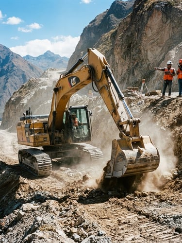 Low-angle heroic shot of a heavy excavator operating on a rugged Peruvian Andean highway construction site, harsh daylight highlighting dust and concrete textures, engineers in high-vis vests and hard hats supervising in the background, 35mm industrial documentary style.