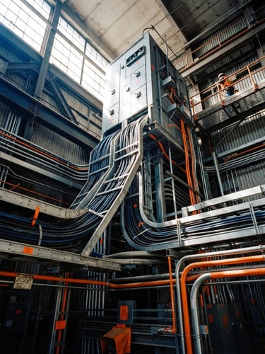 Low-angle heroic shot of an industrial electrical installation, heavy cable trays, conduit pipes, bright safety orange accents, high-contrast daylight, 35mm.
