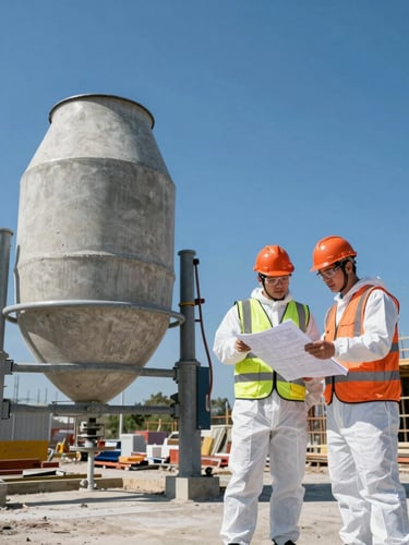 An engineer in full PPE, orange hard hat, high-vis vest, and protective glasses, reviewing blueprints on a clipboard next to a large concrete mixer on an active construction site, hard natural daylight, industrial documentary style.