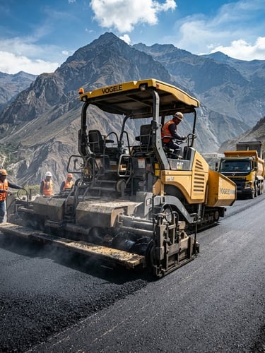 Low-angle heroic shot of a heavy-duty yellow asphalt paver laying fresh black asphalt on a wide Peruvian highway, rugged Andean mountains in the background, hard natural daylight, high contrast, industrial documentary style.