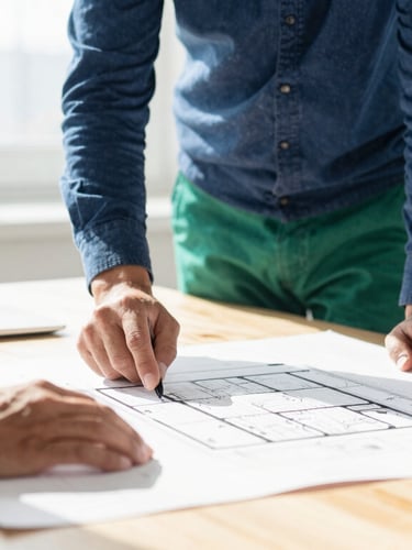 Hands of professionals collaborating over architectural blueprints on a sun-drenched wooden table, natural light, 35mm