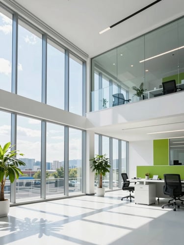 A sun-drenched modern office environment with clean glass walls, bright natural daylight streaming through large windows, wide angle, 35mm