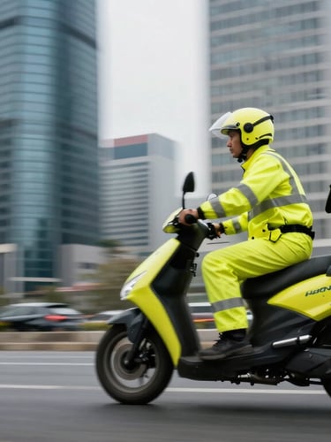 Dynamic low-angle shot of a motorized courier in high-visibility yellow gear riding fast through Istanbul streets, motion-blurred background of Levent skyscrapers, cool overcast daylight