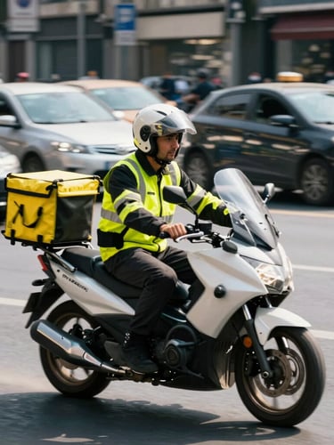 Dynamic low-angle shot of a motorcycle courier navigating through Istanbul traffic, motion-blurred cars, sharp focus on the rider in high-visibility gear, daylight.