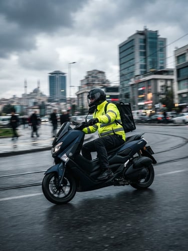 Low-angle dynamic shot of a motorized courier in high-visibility yellow gear riding through Kağıthane streets, motion-blurred background of modern office buildings, sharp focus on the motorcycle, dramatic overcast daylight, 35mm lens.