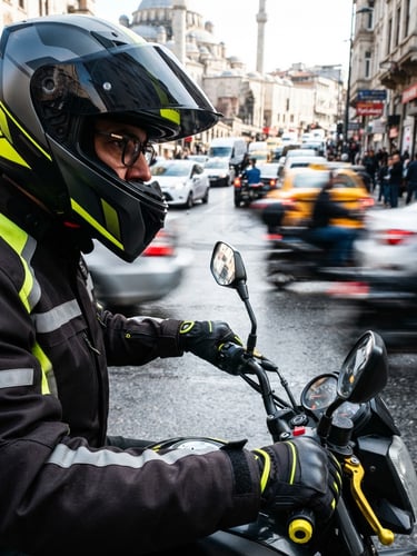 Dynamic close-up of a motorized courier's helmet and motorcycle handlebar, motion-blurred Istanbul street background, high-contrast daylight, yellow accents.