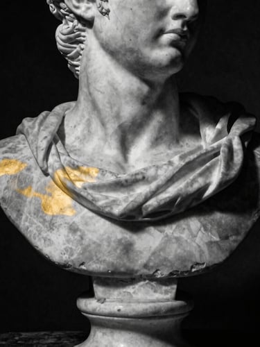 Dramatic chiaroscuro B&W photo of a classical marble bust, sliced horizontally with subtle gold shifting light, deep black background, 35mm film grain