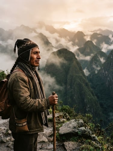 Unposed portrait of a local Andean guide, Alex, looking out over mist-shrouded green peaks, warm natural morning light, 35mm film.