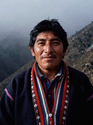 Portrait of a local Andean guide, Alex, with a warm welcoming expression, wearing traditional woven textile details, soft morning mist, natural light, 35mm film