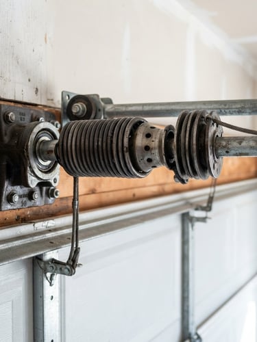 Close-up of heavy-duty steel torsion springs on a garage door, bright natural daylight, sharp industrial photography, high-contrast clean tones, 50mm lens