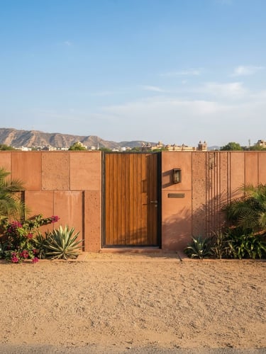 Straight-on architectural elevation of a modern boundary wall on a clean demarcated land parcel in Jaipur, bright afternoon sun, terracotta tones, 35mm lens