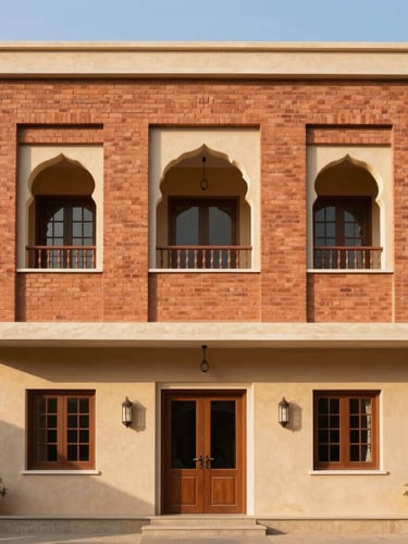 Straight-on architectural elevation of a modern Jaipur villa facade, terracotta brick detailing, clean sand-colored plaster, bright afternoon sun, 35mm lens