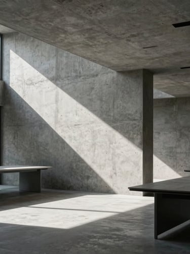 Stark architectural shot of a modern concrete workspace with sharp shadows, high-contrast flash lighting, empty of people, raw production aesthetic.
