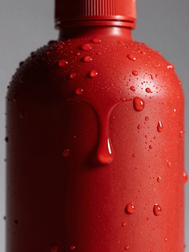 Extreme close-up flash photography of a hyper-saturated red product bottle dripping with water droplets, harsh shadows, stark studio background.