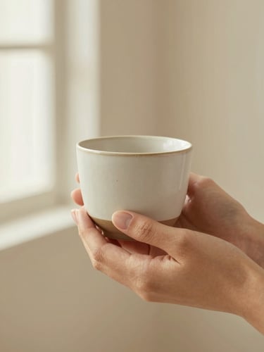 Macro beauty photography of clean manicured hands holding a minimalist ceramic cup against a warm cream background, soft window light, shallow depth of field, 35mm lens.