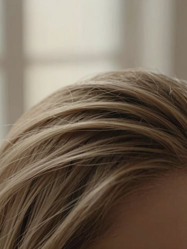 Macro shot of perfectly styled hair texture, soft warm window light, shallow depth of field, 35mm lens, neutral tones