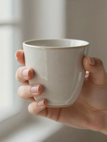 Close up of a clean minimalist manicure holding a textured ceramic cup, soft daylight, warm neutral tones, shallow depth of field
