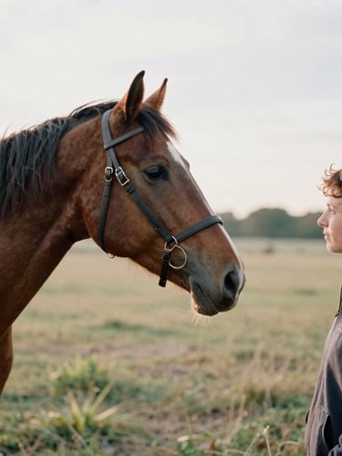 A quiet moment of eye contact between a participant and a horse at eye level, soft overcast daylight in a Dixon pasture, 35mm film feel, candid natural interaction.