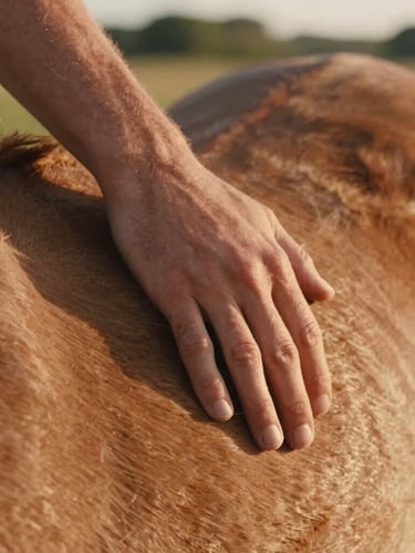 Close-up detail of a human hand resting gently on a horse's warm neck, golden-hour pasture light in Dixon, shallow depth of field, 35mm film feel.