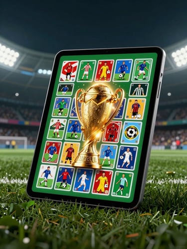 High-resolution digital mockup of a tablet displaying colorful soccer sticker pages, glowing golden trophy light, dark stadium background, sharp focus